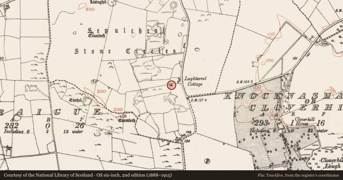 Ordnance Survey six-inch map, 2nd edition (1888–1915) covering the location of Megalithic tomb - passage tomb, Carrowmore, County Sligo, with a pin at the register's coordinates