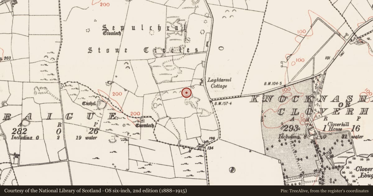 Ordnance Survey six-inch map, 2nd edition (1888–1915) covering the location of Megalithic structure, Carrowmore, County Sligo, with a pin at the register's coordinates