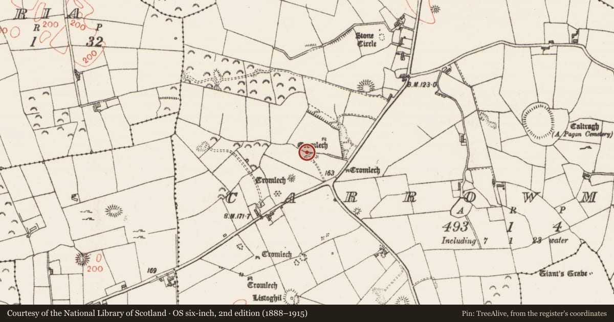 Ordnance Survey six-inch map, 2nd edition (1888–1915) covering the location of Megalithic structure, Carrowmore, County Sligo, with a pin at the register's coordinates