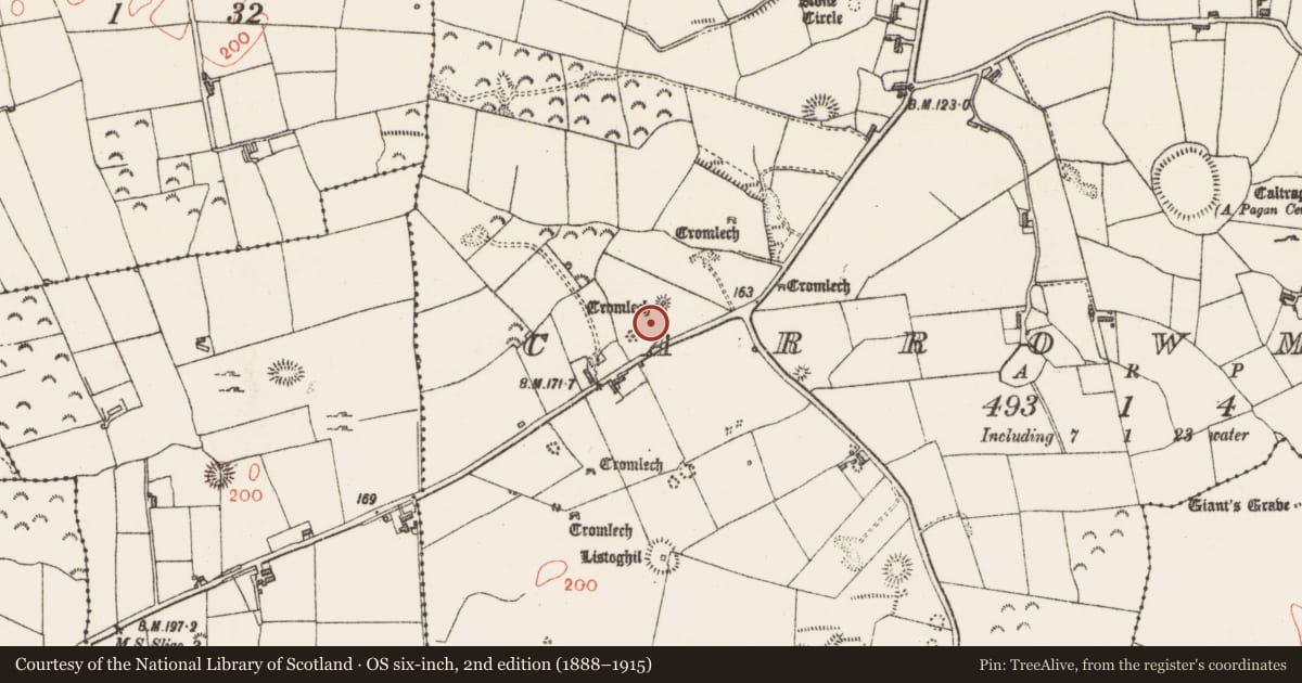 Ordnance Survey six-inch map, 2nd edition (1888–1915) covering the location of Megalithic structure, Carrowmore, County Sligo, with a pin at the register's coordinates