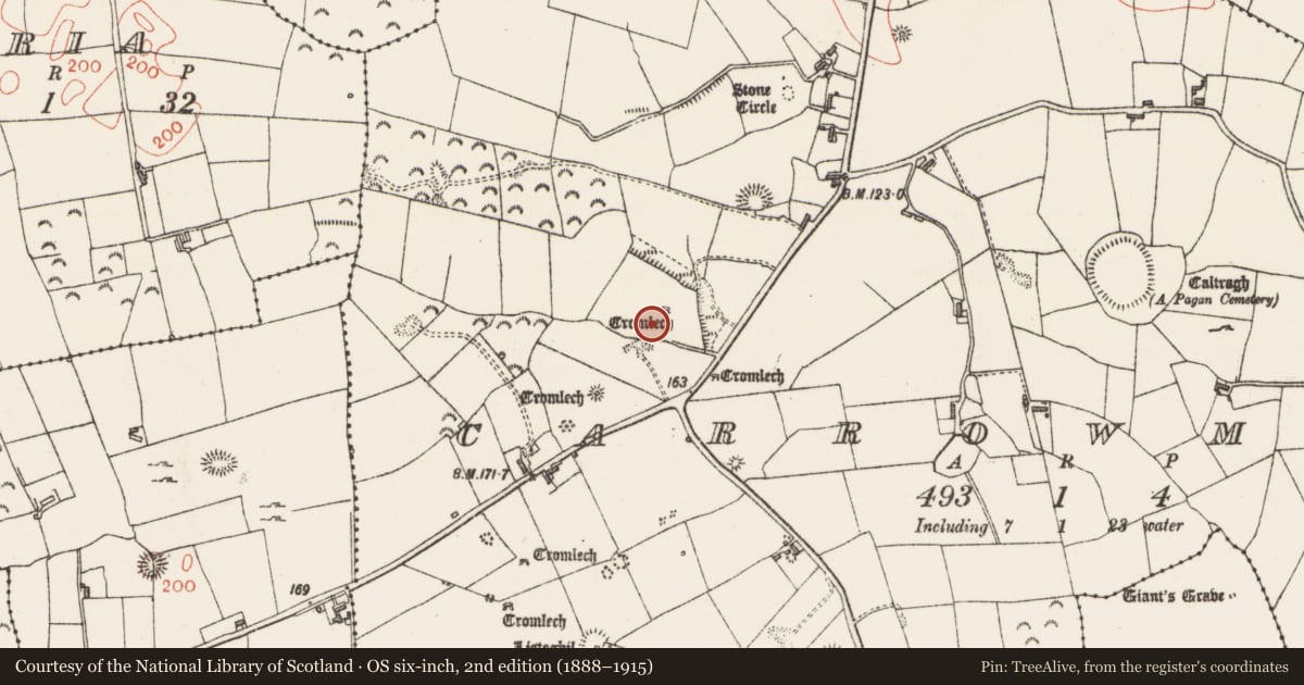 Ordnance Survey six-inch map, 2nd edition (1888–1915) covering the location of Megalithic structure, Carrowmore, County Sligo, with a pin at the register's coordinates