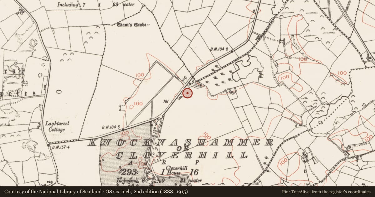 Ordnance Survey six-inch map, 2nd edition (1888–1915) covering the location of Barrow - bowl-barrow, Knocknashammer Or Cloverhill, County Sligo, with a pin at the register's coordinates