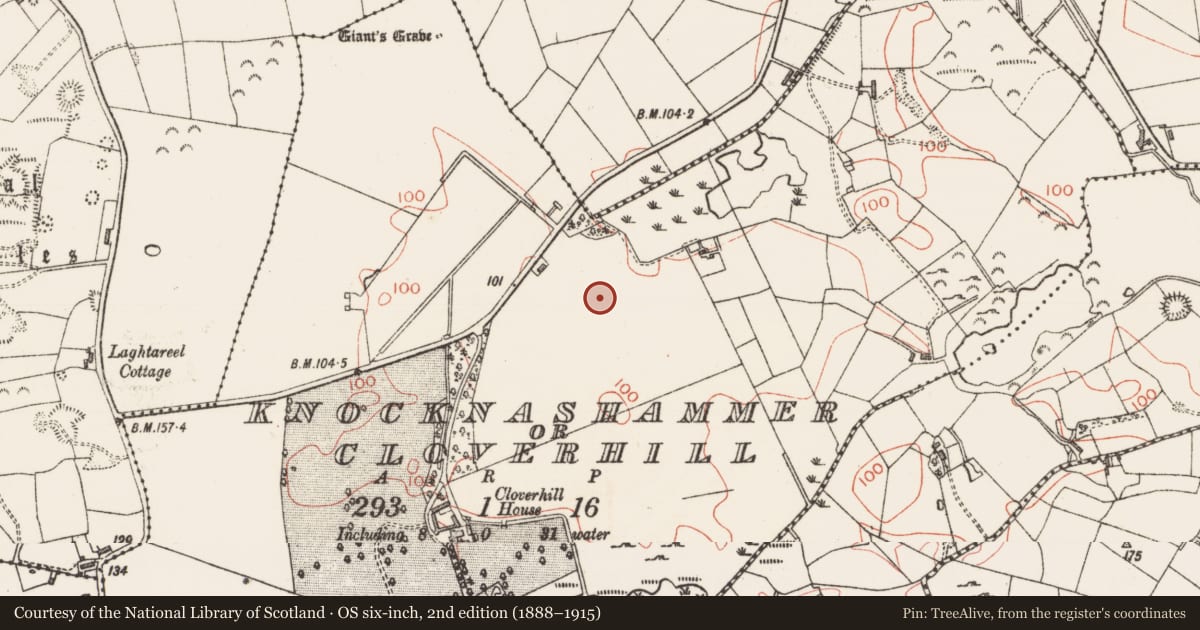 Ordnance Survey six-inch map, 2nd edition (1888–1915) covering the location of Barrow - unclassified, Knocknashammer Or Cloverhill, County Sligo, with a pin at the register's coordinates