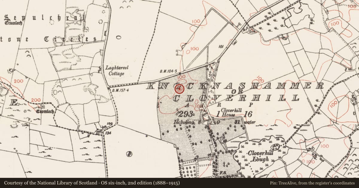 Ordnance Survey six-inch map, 2nd edition (1888–1915) covering the location of Earthwork, Knocknashammer Or Cloverhill, County Sligo, with a pin at the register's coordinates