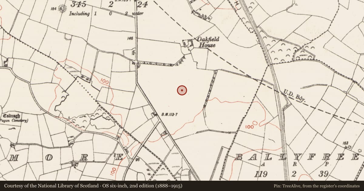 Ordnance Survey six-inch map, 2nd edition (1888–1915) covering the location of Earthwork, Derrydarragh Or Oakfield, County Sligo, with a pin at the register's coordinates