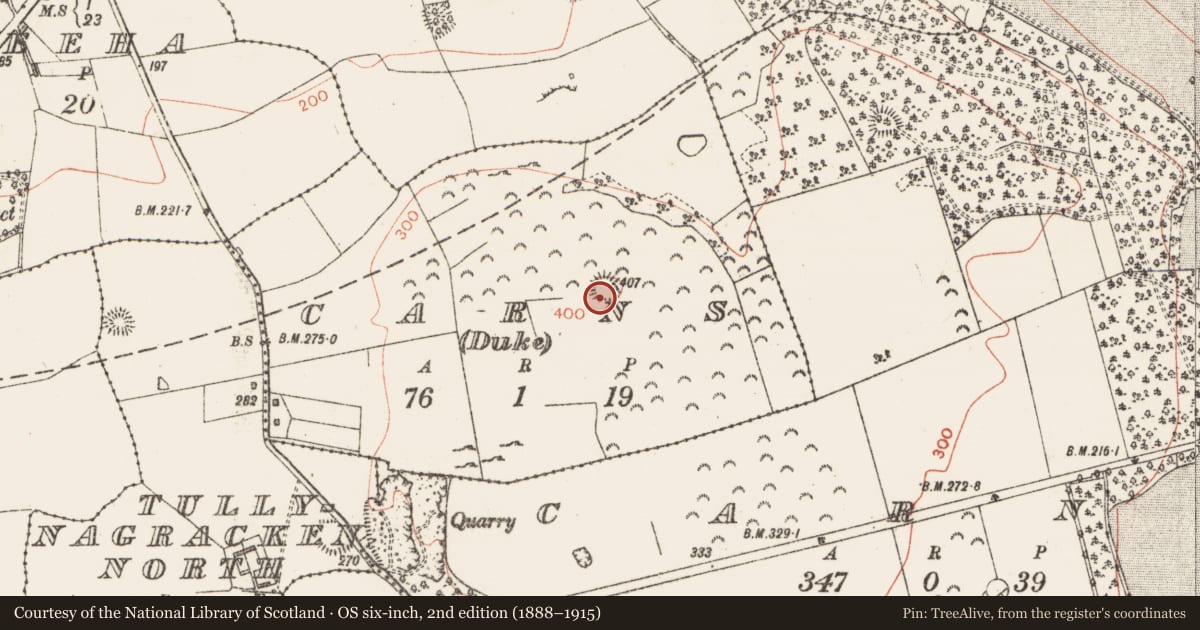 Ordnance Survey six-inch map, 2nd edition (1888–1915) covering the location of Megalithic tomb - passage tomb, Carns (Duke), County Sligo, with a pin at the register's coordinates