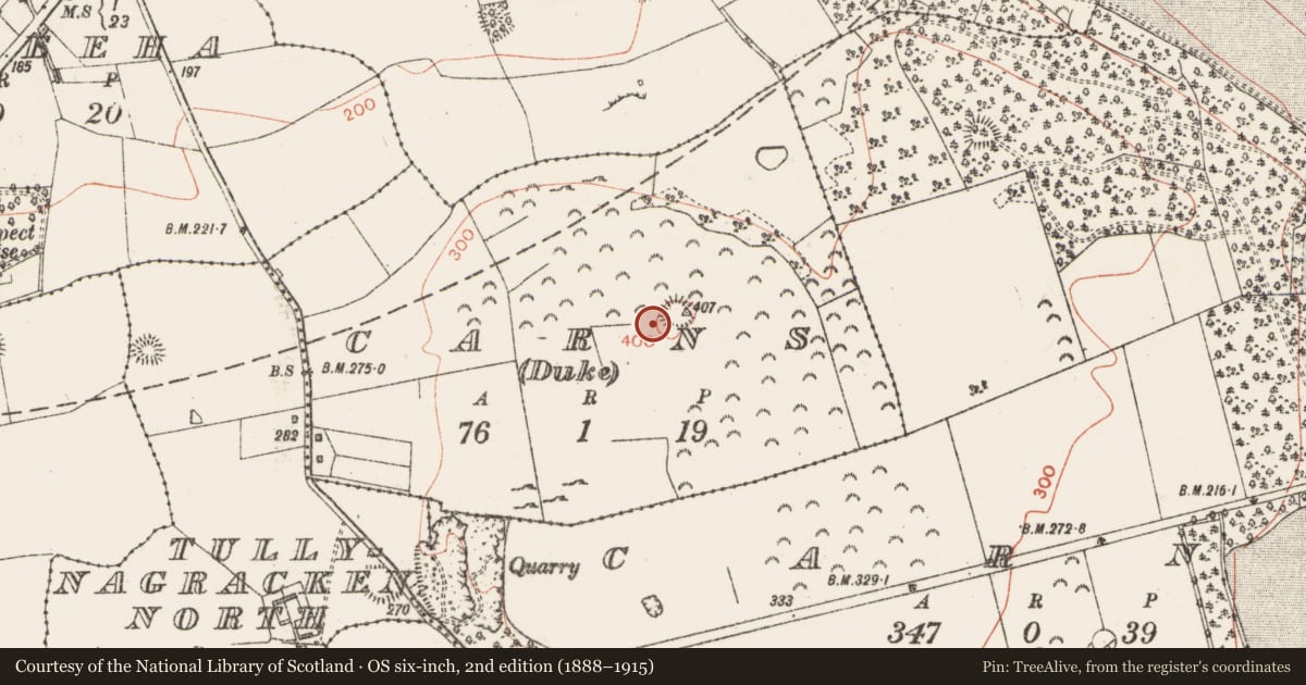 Ordnance Survey six-inch map, 2nd edition (1888–1915) covering the location of Cairn - unclassified, Carns (Duke), County Sligo, with a pin at the register's coordinates