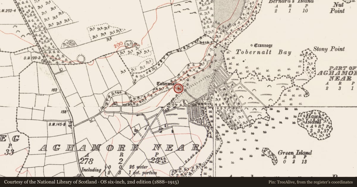 Ordnance Survey six-inch map, 2nd edition (1888–1915) covering the location of Mass-rock, Aghamore Near, County Sligo, with a pin at the register's coordinates