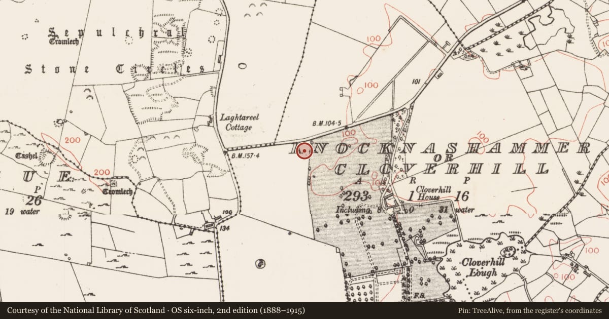 Ordnance Survey six-inch map, 2nd edition (1888–1915) covering the location of Cist, Knocknashammer Or Cloverhill, County Sligo, with a pin at the register's coordinates