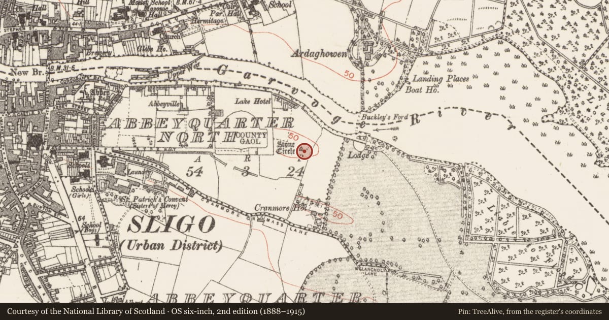Ordnance Survey six-inch map, 2nd edition (1888–1915) covering the location of Megalithic tomb - passage tomb, Abbeyquarter North, County Sligo, with a pin at the register's coordinates