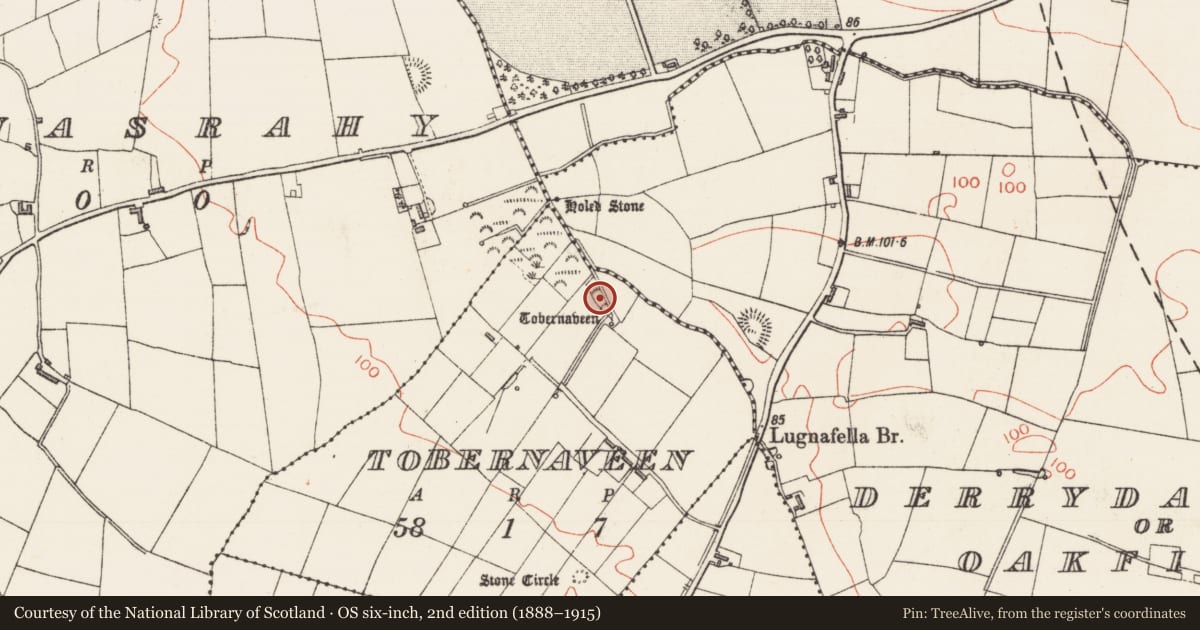 Ordnance Survey six-inch map, 2nd edition (1888–1915) covering the location of Burnt mound, Tobernaveen, County Sligo, with a pin at the register's coordinates