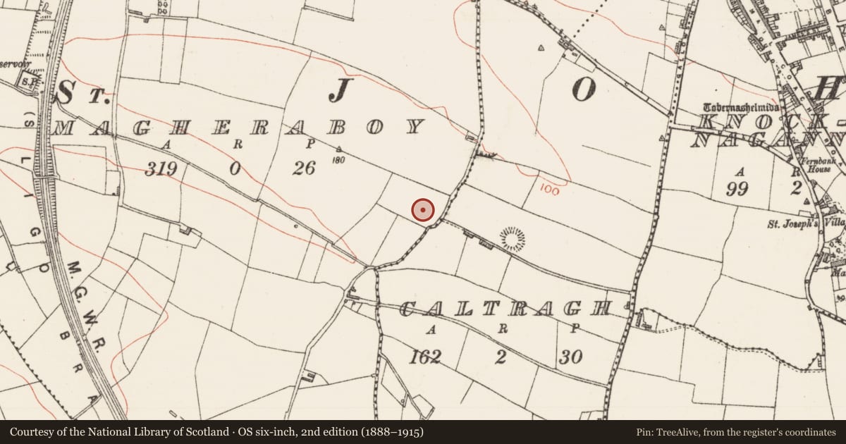 Ordnance Survey six-inch map, 2nd edition (1888–1915) covering the location of Causewayed enclosure, Magheraboy, County Sligo, with a pin at the register's coordinates