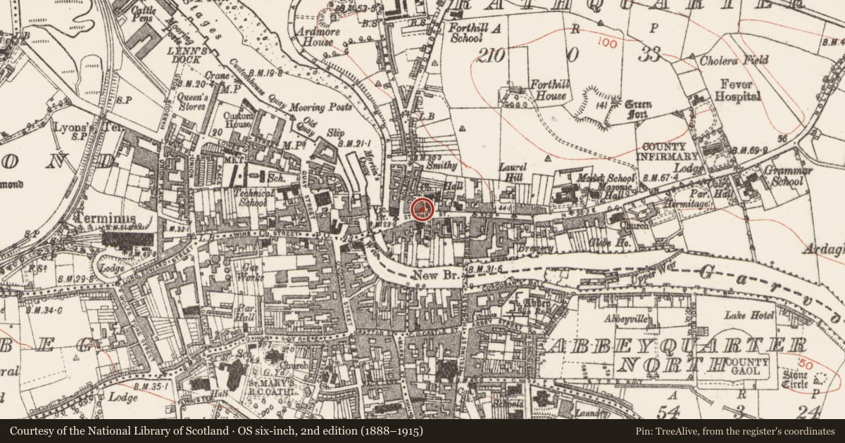 Ordnance Survey six-inch map, 2nd edition (1888–1915) covering the location of Cross-slab (present location), Rathquarter, County Sligo, with a pin at the register's coordinates