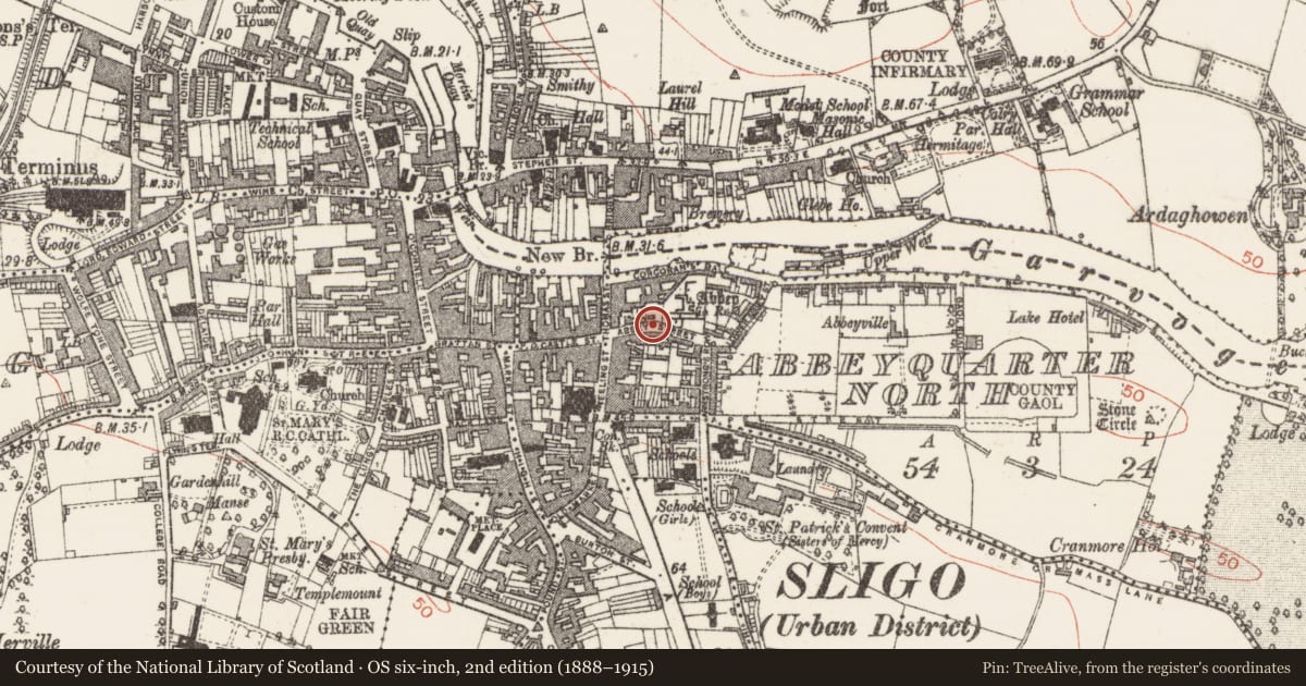 Ordnance Survey six-inch map, 2nd edition (1888–1915) covering the location of Wall monument, Abbeyquarter North, County Sligo, with a pin at the register's coordinates