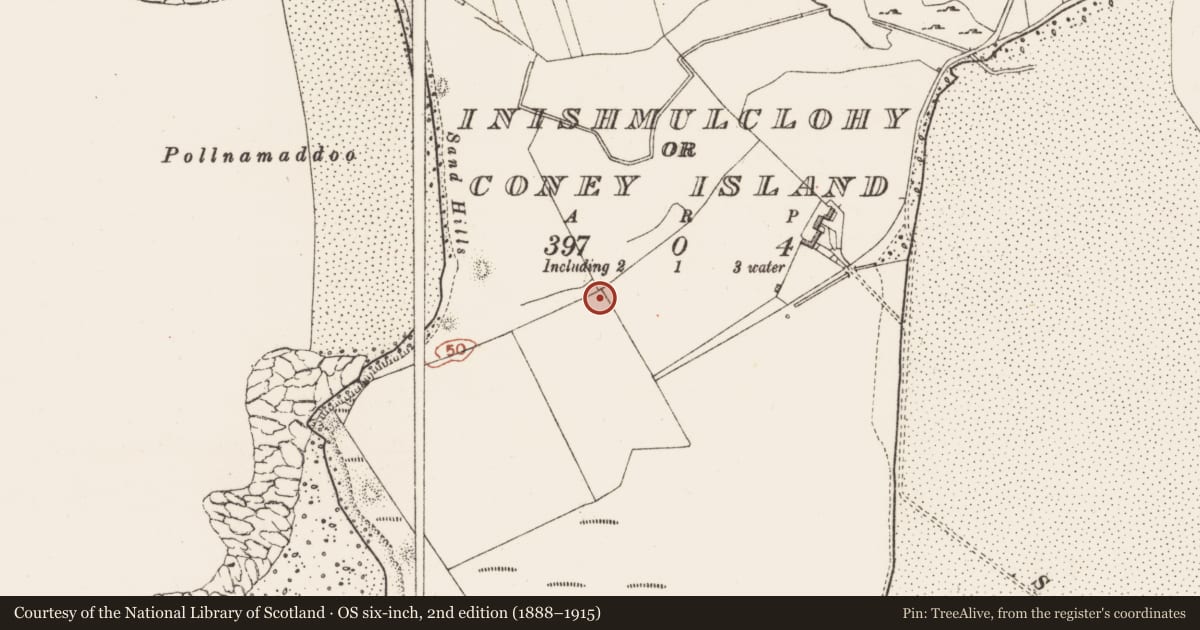 Ordnance Survey six-inch map, 2nd edition (1888–1915) covering the location of Enclosure, Inishmulclohy Or Coney Island, County Sligo, with a pin at the register's coordinates
