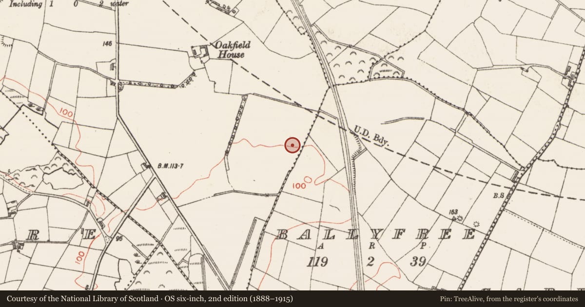 Ordnance Survey six-inch map, 2nd edition (1888–1915) covering the location of Burnt mound, Derrydarragh Or Oakfield, County Sligo, with a pin at the register's coordinates