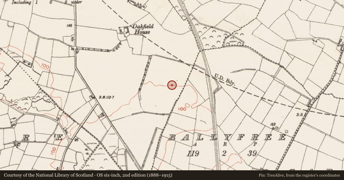 Ordnance Survey six-inch map, 2nd edition (1888–1915) covering the location of Burnt mound, Derrydarragh Or Oakfield, County Sligo, with a pin at the register's coordinates