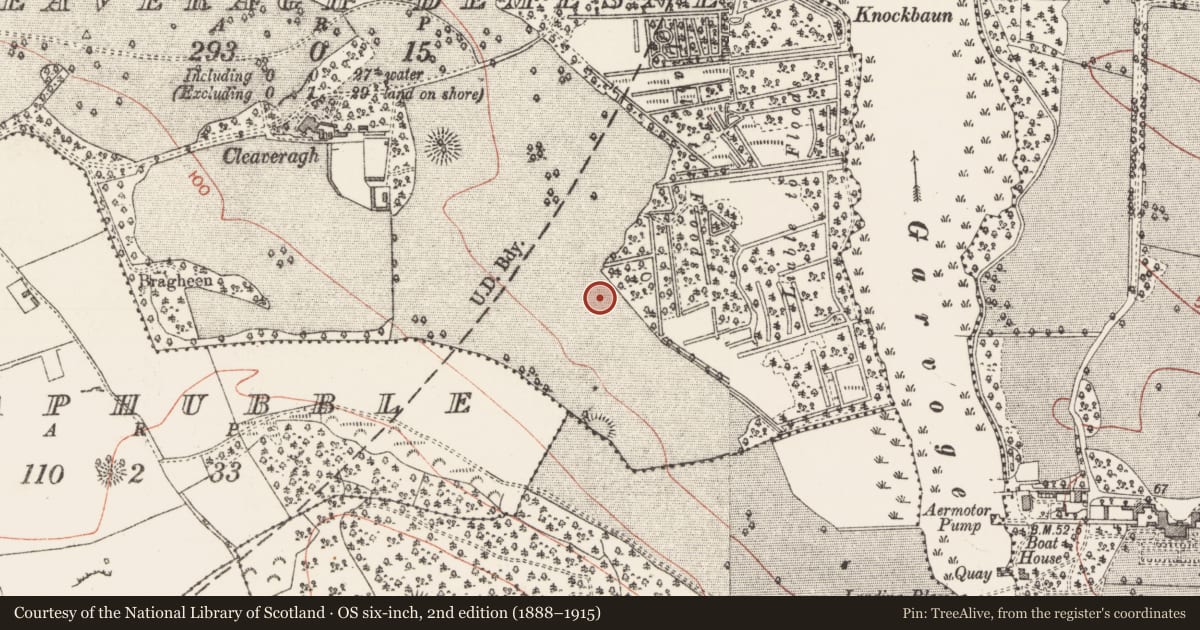 Ordnance Survey six-inch map, 2nd edition (1888–1915) covering the location of Burnt mound, Cleaveragh Demesne, County Sligo, with a pin at the register's coordinates
