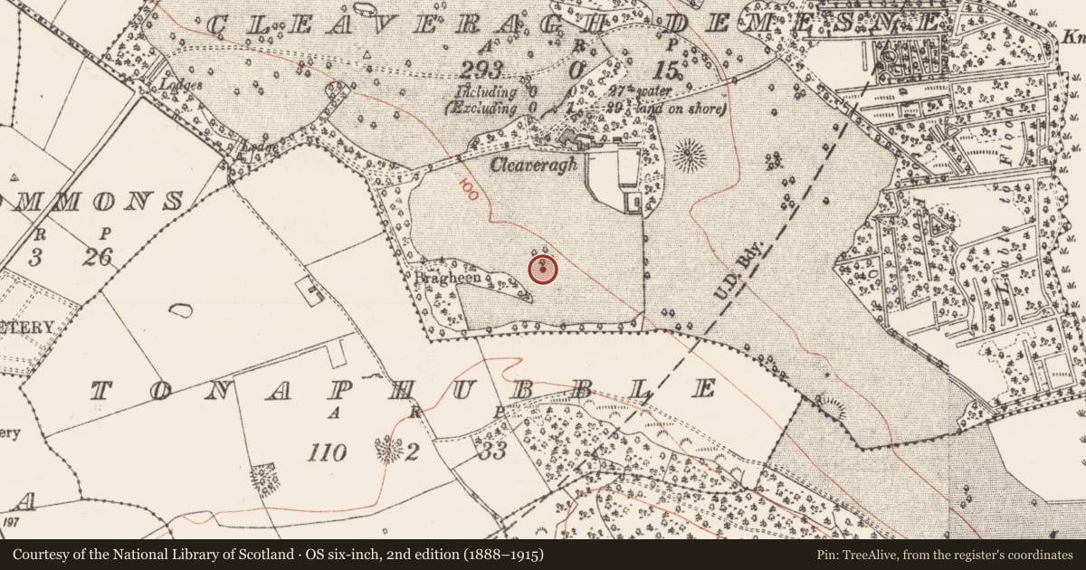 Ordnance Survey six-inch map, 2nd edition (1888–1915) covering the location of Enclosure, Cleaveragh Demesne, County Sligo, with a pin at the register's coordinates