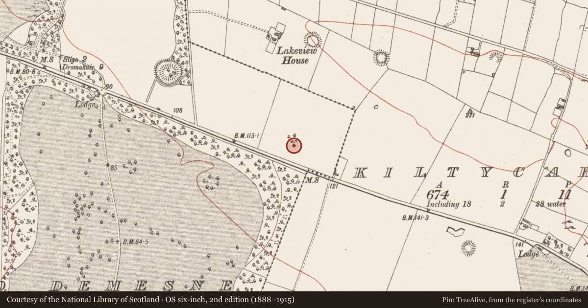 Ordnance Survey six-inch map, 2nd edition (1888–1915) covering the location of Enclosure, Hazelwood Demesne, County Sligo, with a pin at the register's coordinates