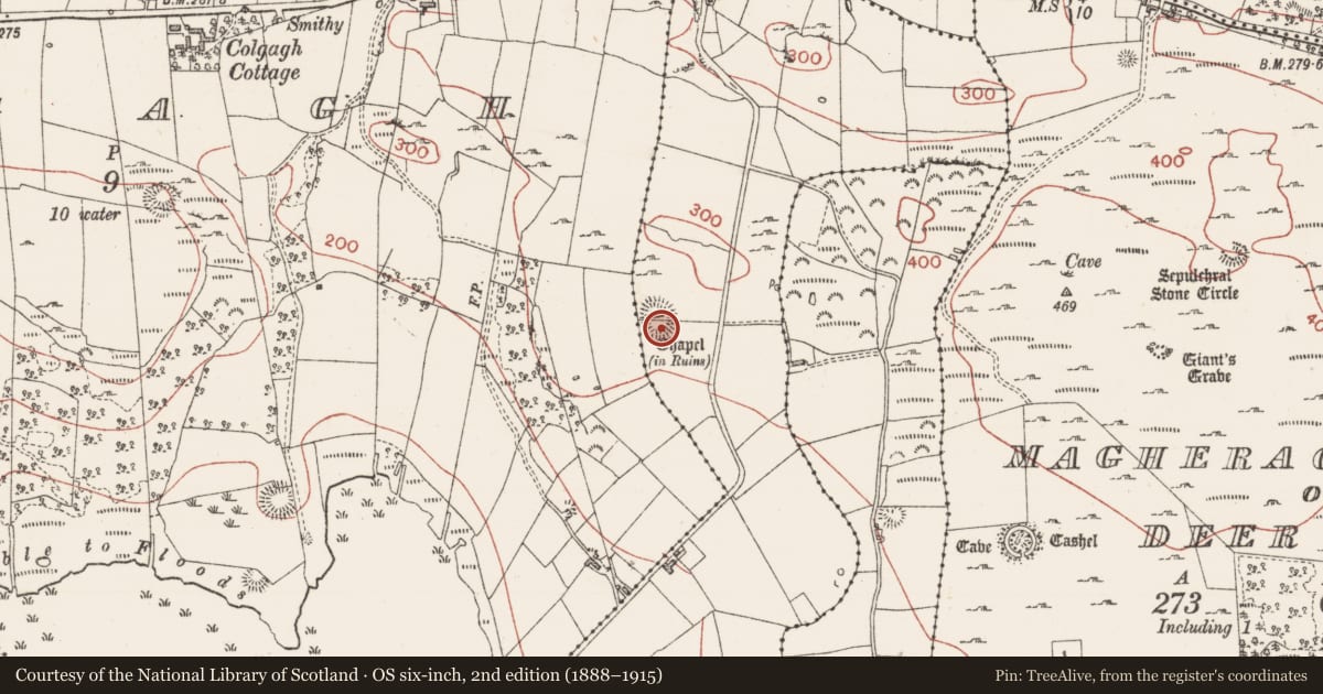 Ordnance Survey six-inch map, 2nd edition (1888–1915) covering the location of Church, Clogher More, County Sligo, with a pin at the register's coordinates