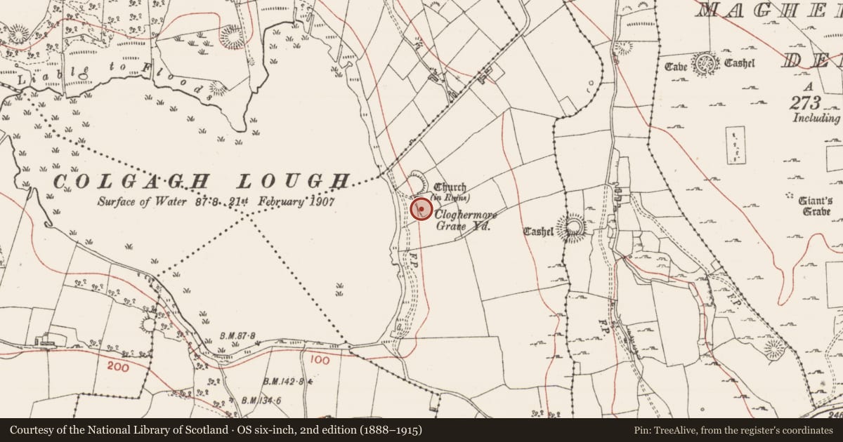 Ordnance Survey six-inch map, 2nd edition (1888–1915) covering the location of Church, Clogher More, County Sligo, with a pin at the register's coordinates