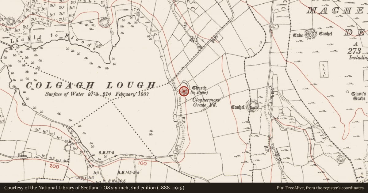 Ordnance Survey six-inch map, 2nd edition (1888–1915) covering the location of Enclosure, Clogher More, County Sligo, with a pin at the register's coordinates
