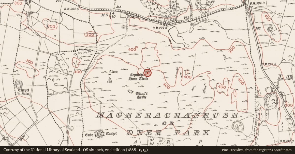 Ordnance Survey six-inch map, 2nd edition (1888–1915) covering the location of Enclosure, Magheraghanrush Or Deer Park, County Sligo, with a pin at the register's coordinates