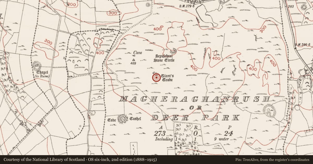 Ordnance Survey six-inch map, 2nd edition (1888–1915) covering the location of Megalithic tomb - court tomb, Magheraghanrush Or Deer Park, County Sligo, with a pin at the register's coordinates