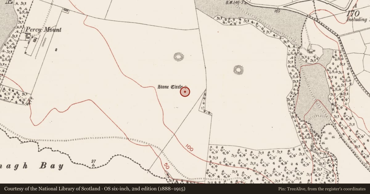 Ordnance Survey six-inch map, 2nd edition (1888–1915) covering the location of Stone circle, Kiltycahill, County Sligo, with a pin at the register's coordinates
