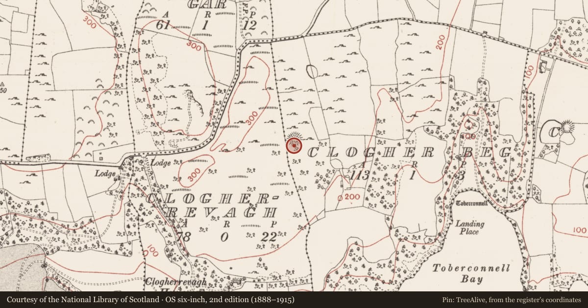 Ordnance Survey six-inch map, 2nd edition (1888–1915) covering the location of Ringfort - unclassified, Clogher Beg, County Sligo, with a pin at the register's coordinates