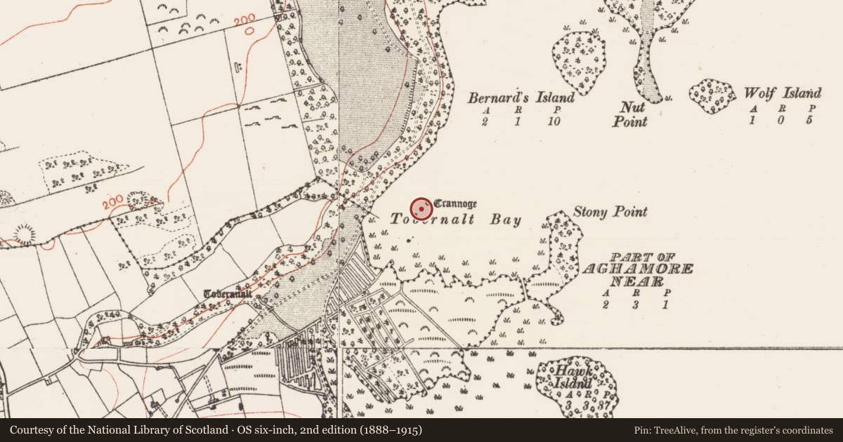 Ordnance Survey six-inch map, 2nd edition (1888–1915) covering the location of Crannog, Lough Gill, County Sligo, with a pin at the register's coordinates