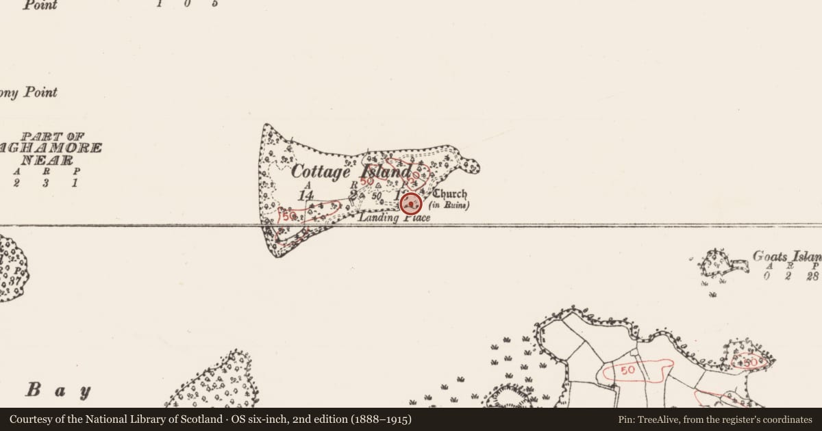 Ordnance Survey six-inch map, 2nd edition (1888–1915) covering the location of Enclosure, Cottage Island, County Sligo, with a pin at the register's coordinates