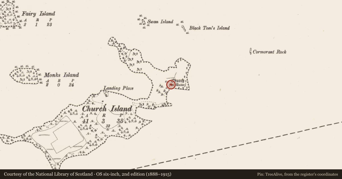 Ordnance Survey six-inch map, 2nd edition (1888–1915) covering the location of Ritual site - holy/saint's stone, Church Island, County Sligo, with a pin at the register's coordinates
