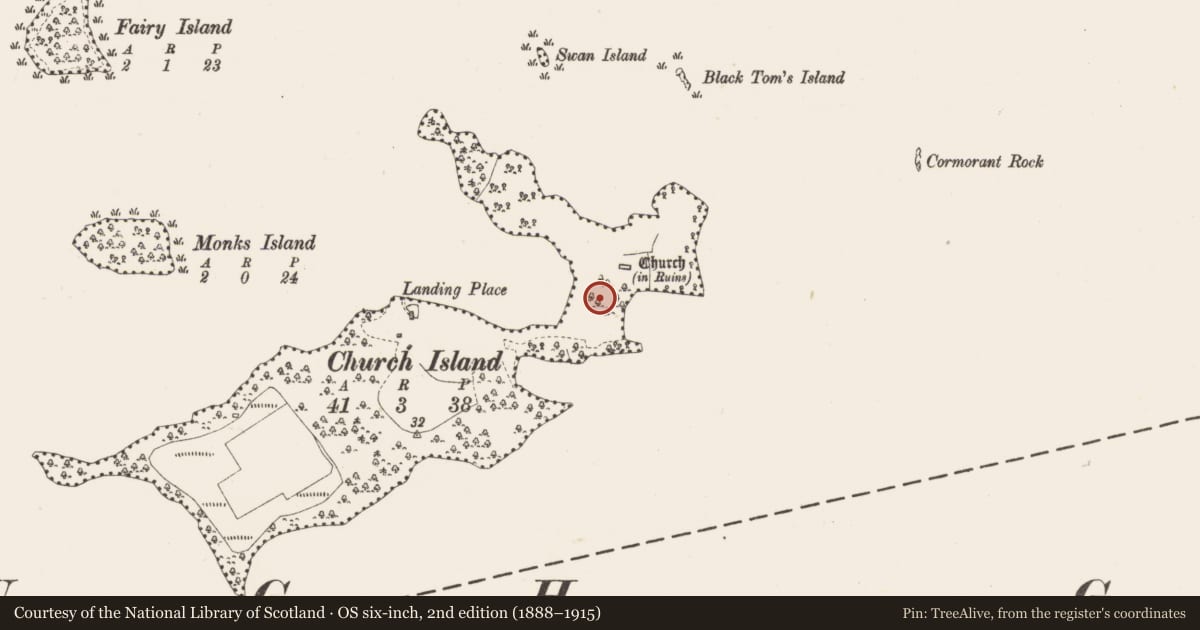 Ordnance Survey six-inch map, 2nd edition (1888–1915) covering the location of Enclosure, Church Island, County Sligo, with a pin at the register's coordinates
