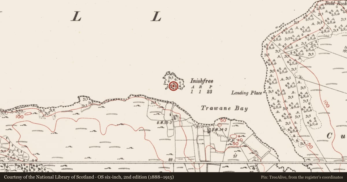 Ordnance Survey six-inch map, 2nd edition (1888–1915) covering the location of Burial, Inishfree, County Sligo, with a pin at the register's coordinates
