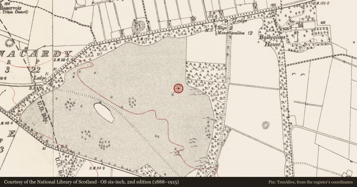 Ordnance Survey six-inch map, 2nd edition (1888–1915) covering the location of Burnt mound, Hazelwood Demesne, County Sligo, with a pin at the register's coordinates