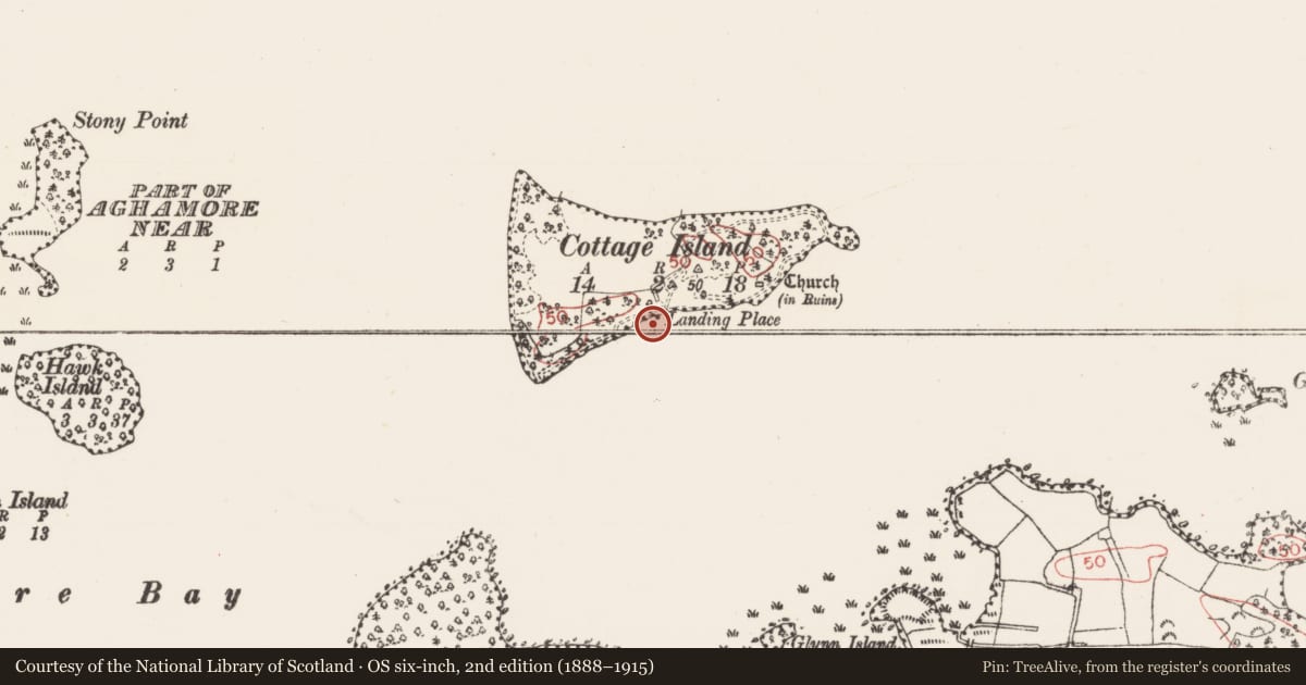 Ordnance Survey six-inch map, 2nd edition (1888–1915) covering the location of Burial, Cottage Island, County Sligo, with a pin at the register's coordinates