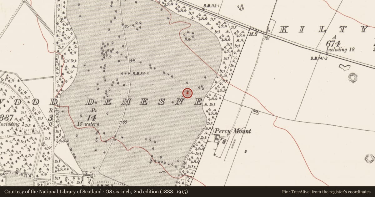 Ordnance Survey six-inch map, 2nd edition (1888–1915) covering the location of Burnt mound, Hazelwood Demesne, County Sligo, with a pin at the register's coordinates