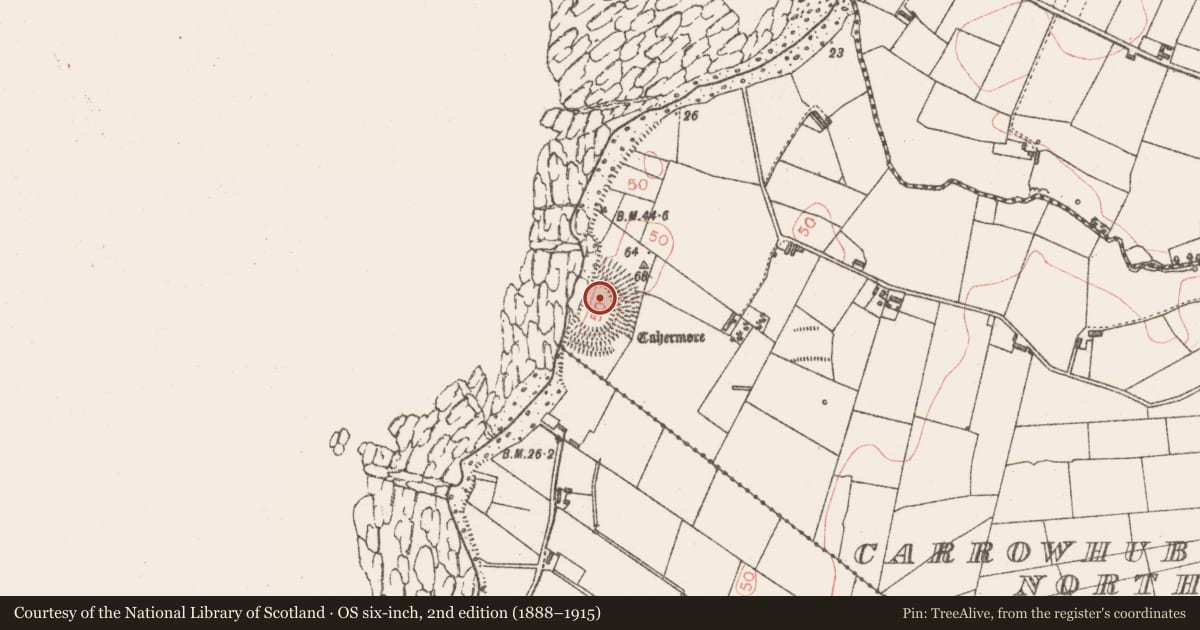 Ordnance Survey six-inch map, 2nd edition (1888–1915) covering the location of Hut site, Carrowhubbuck North, County Sligo, with a pin at the register's coordinates