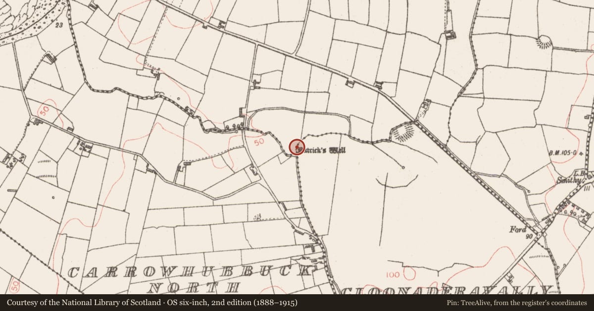 Ordnance Survey six-inch map, 2nd edition (1888–1915) covering the location of Ritual site - holy well, Lackan, County Sligo, with a pin at the register's coordinates