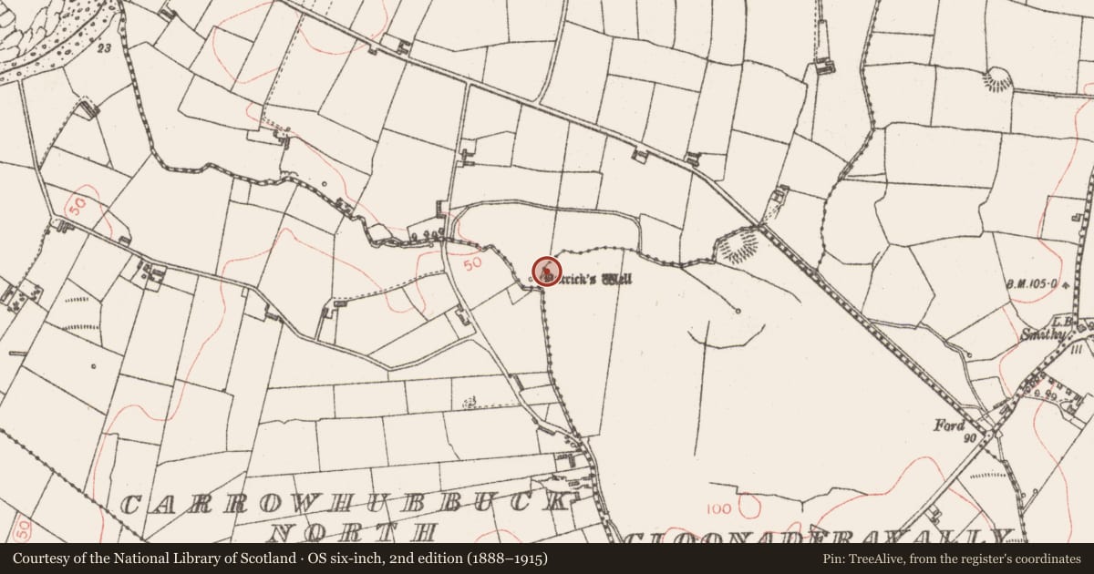Ordnance Survey six-inch map, 2nd edition (1888–1915) covering the location of Penitential station, Lackan, County Sligo, with a pin at the register's coordinates