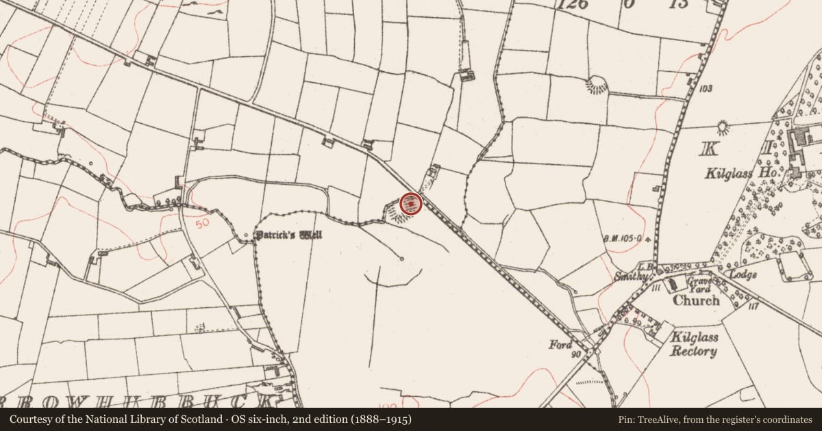 Ordnance Survey six-inch map, 2nd edition (1888–1915) covering the location of Moated site, Cloonaderavally, County Sligo, with a pin at the register's coordinates