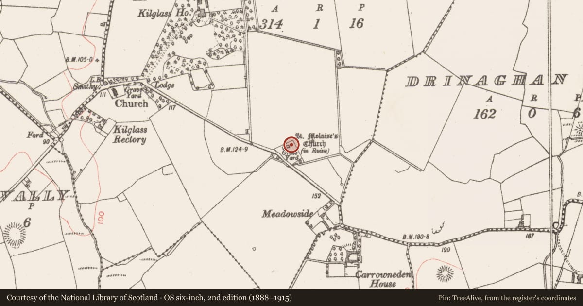 Ordnance Survey six-inch map, 2nd edition (1888–1915) covering the location of Church, Kilglass, County Sligo, with a pin at the register's coordinates
