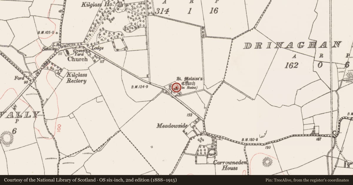 Ordnance Survey six-inch map, 2nd edition (1888–1915) covering the location of Cross, Kilglass, County Sligo, with a pin at the register's coordinates