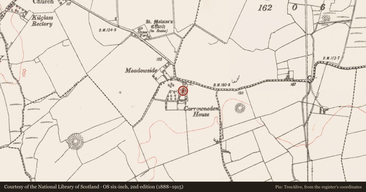 Ordnance Survey six-inch map, 2nd edition (1888–1915) covering the location of Designed landscape feature, Carrowneden, County Sligo, with a pin at the register's coordinates