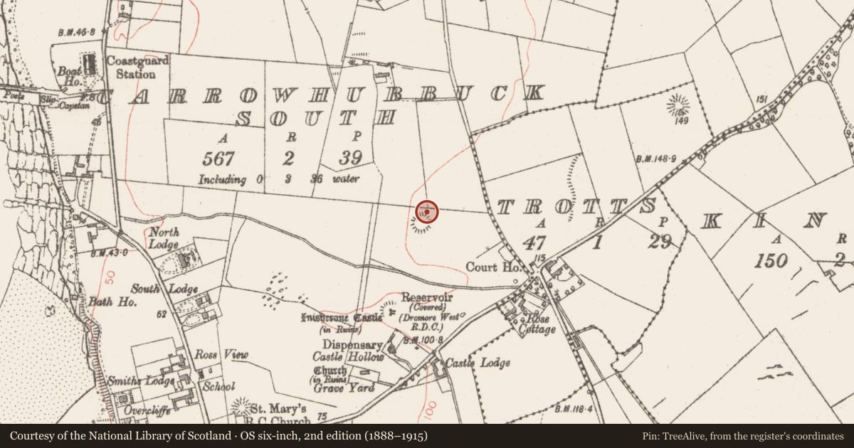 Ordnance Survey six-inch map, 2nd edition (1888–1915) covering the location of Souterrain, Carrowhubbuck South, County Sligo, with a pin at the register's coordinates