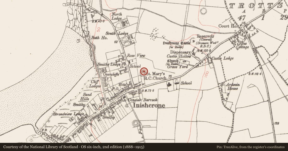 Ordnance Survey six-inch map, 2nd edition (1888–1915) covering the location of Ringfort - rath, Carrowhubbuck South, County Sligo, with a pin at the register's coordinates