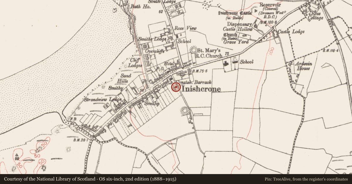 Ordnance Survey six-inch map, 2nd edition (1888–1915) covering the location of Enclosure, Carrowhubbuck South, County Sligo, with a pin at the register's coordinates