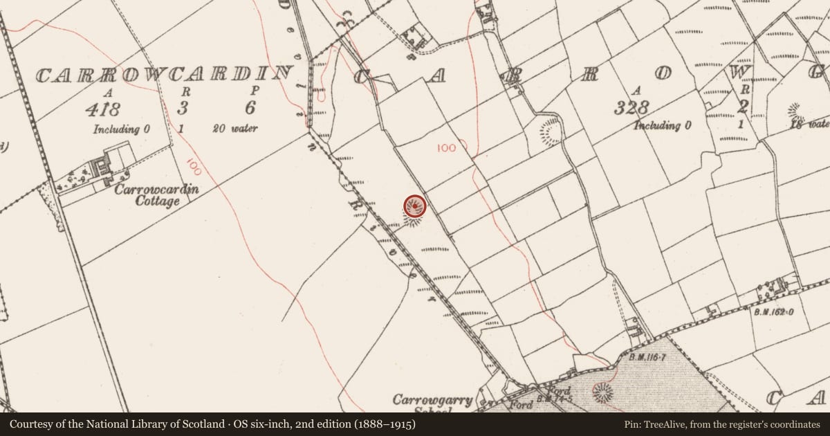 Ordnance Survey six-inch map, 2nd edition (1888–1915) covering the location of Souterrain, Carrowgarry, County Sligo, with a pin at the register's coordinates